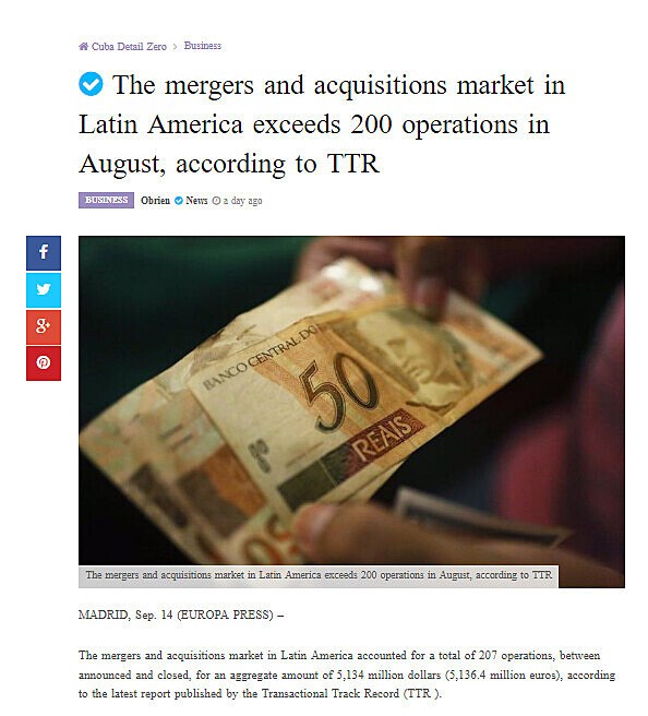 The mergers and acquisitions market in Latin America exceeds 200 operations in August, according to TTR